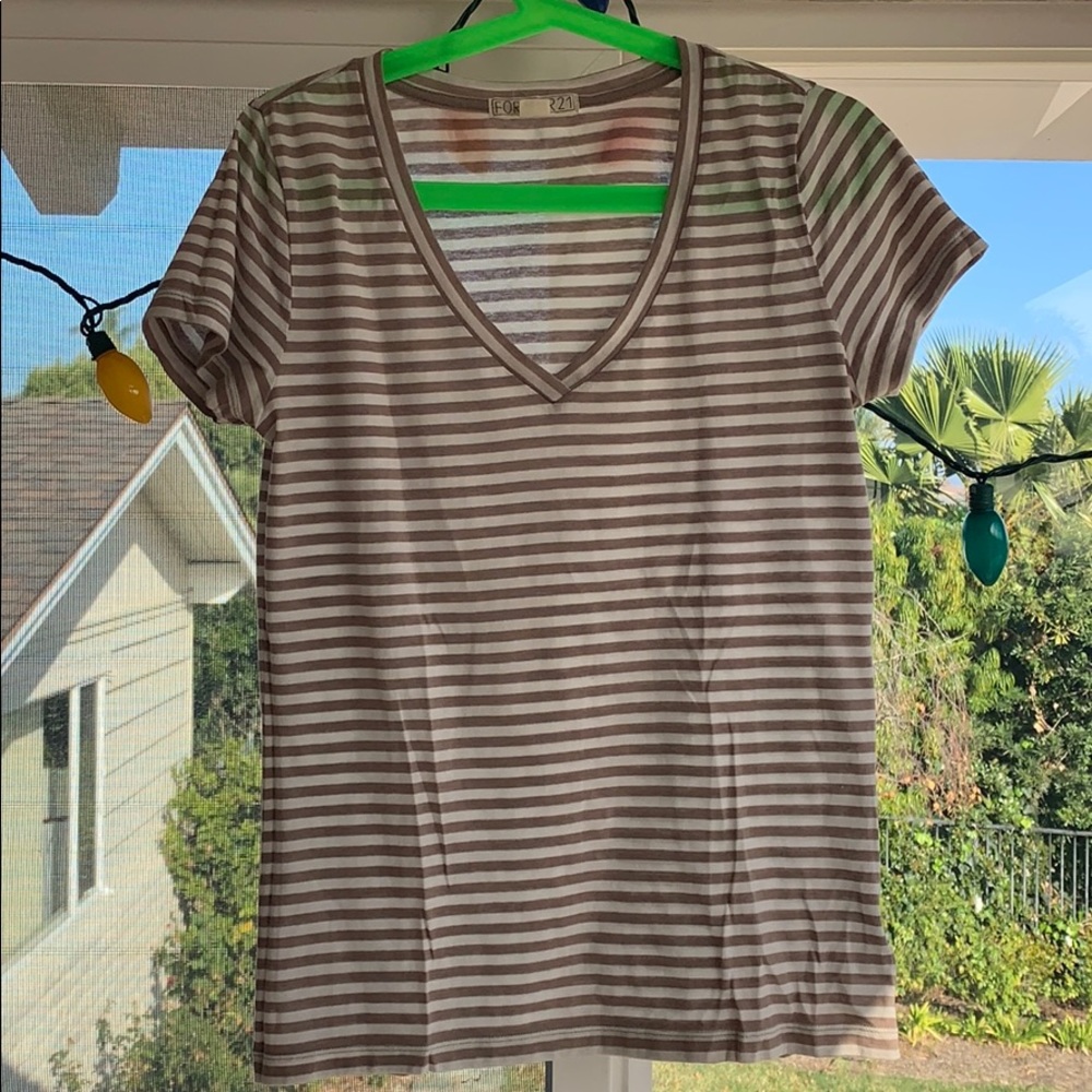 Forever 21 Tan Horizontal Stripped V-Neck Top